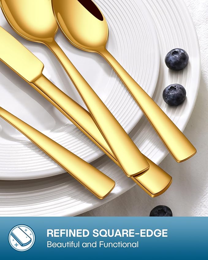 Stapava 20 Pcs Gold Silverware Set, Food-Grade Stainless Steel Flatware Sets for 4 Mirror Polished Cutlery Utensil Sets Include Dinner Knives Spoons and Forks Set Dishwasher Safe for Home Restaurant