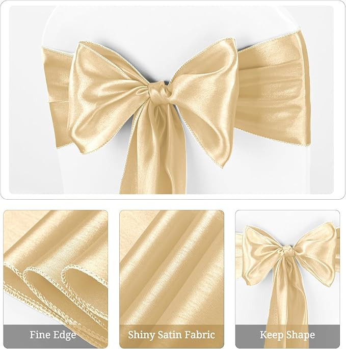 Pesonlook 100Pcs Satin Chair Sashes Ties, Champagne Satin Chair Sashes Bows Chair Cover Back Tie Supplies for Wedding Reception Events Banquets Party, Hotel Event, Chairs Decoration | Satin Chair Sashes Bows Chair Cover Back Tie Supplies for Wedding Re... - Image 4