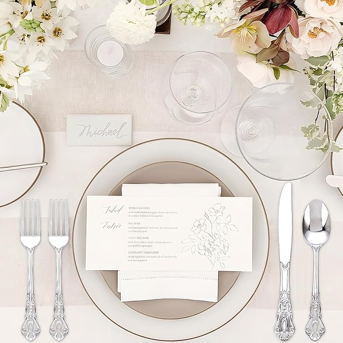 40PSC Silver Plastic Cutlery - Vintage Silver Disposable Silverware - Heavyweight Plastic Utensils with 20 Forks, 10Knives, 10 Spoons For Catering, Parties, Dinners and Weddings