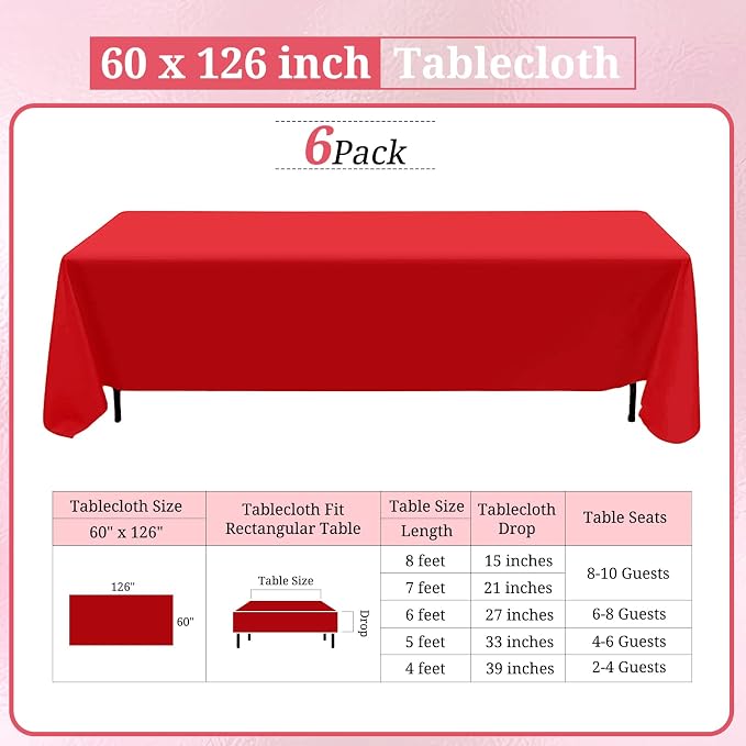 6 Pack Red Tablecloths for 8ft Tables-60 x 126 Inch | Polyester Table Cover, Stain and Wrinkle Resistant Washable Fabric Table Cloth, Perfect for Wedding Banquet Parties - Image 2