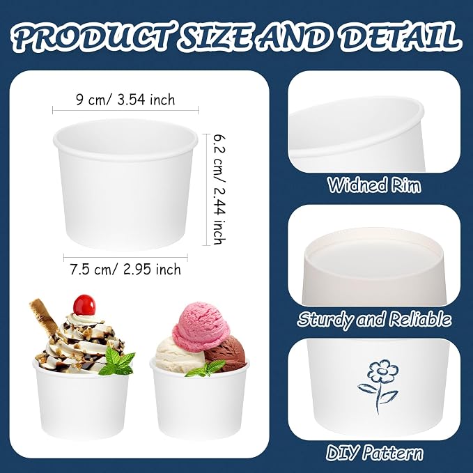 Nuenen 100 Pcs 8 oz Summer Ice Cream Paper Cups Bulk Disposable Dessert Cups Solid Color Paper Dessert Bowls for Snack Sundae Spring Party Favors Ice Cream Bar Supplies (White) - Image 3