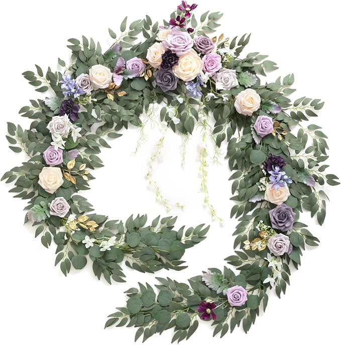 Ling's moment Purple Eucalyptus Flower Garland Wedding Arch 9 FT | Lilac Rose, Artificial Greenery, Sweetheart Table Decor, Floral Garland for Mantle, Centerpieces, Backdrop by LingsMoment