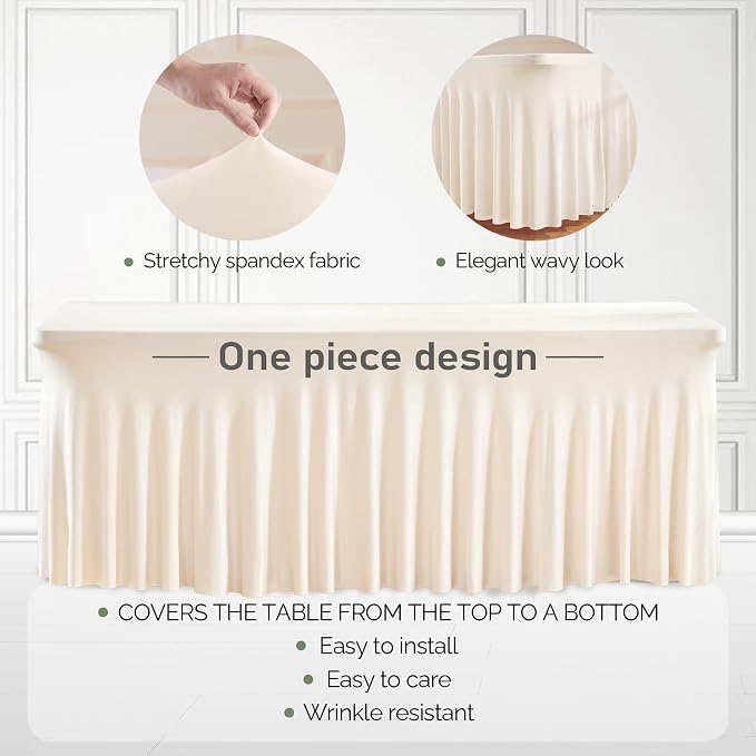 1 Pack Ivory Table Clothes for 6 Foot Rectangle Tables, One-Piece Wrinkle Resistant Stretch Spandex Table Covers with Skirt for Event Banquet Wedding Birthday Party - Image 2