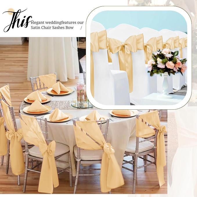 Pesonlook 100Pcs Satin Chair Sashes Ties, Champagne Satin Chair Sashes Bows Chair Cover Back Tie Supplies for Wedding Reception Events Banquets Party, Hotel Event, Chairs Decoration | Satin Chair Sashes Bows Chair Cover Back Tie Supplies for Wedding Re... - Image 5