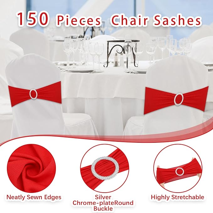 CHENGU 150 Pcs Red Chair Sashes with Buckle, Stretch Bands - Image 3