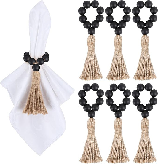 Meplait 6 Pieces Wooden Bead Napkin Rings, Farmhouse Stretchable Napkin Ring with Tassel Boho Napkin Rings for Dining Table,Wedding Decoration (Black)