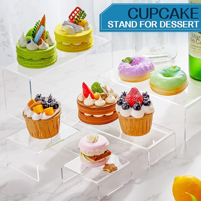 Sintuff 36 Pcs Acrylic Risers Clear Rectangular Display Stands ( 3.4”L~4”L~5”L) Showcase Collectibles Display Stands for Figures Perfume Organizer, Figures, Jewelry, Dessert, Cupcake - Image 4