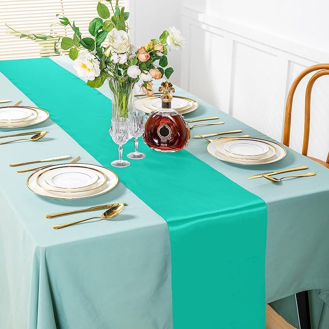 SI Pack of 15 Wedding 12 x 108 inch Satin Table Runner for Wedding, Decorations for Graduations, Engagements, Birthday Parties, Banquets, Runners fit Rectangle, Round Table - Seagreen - Image 2