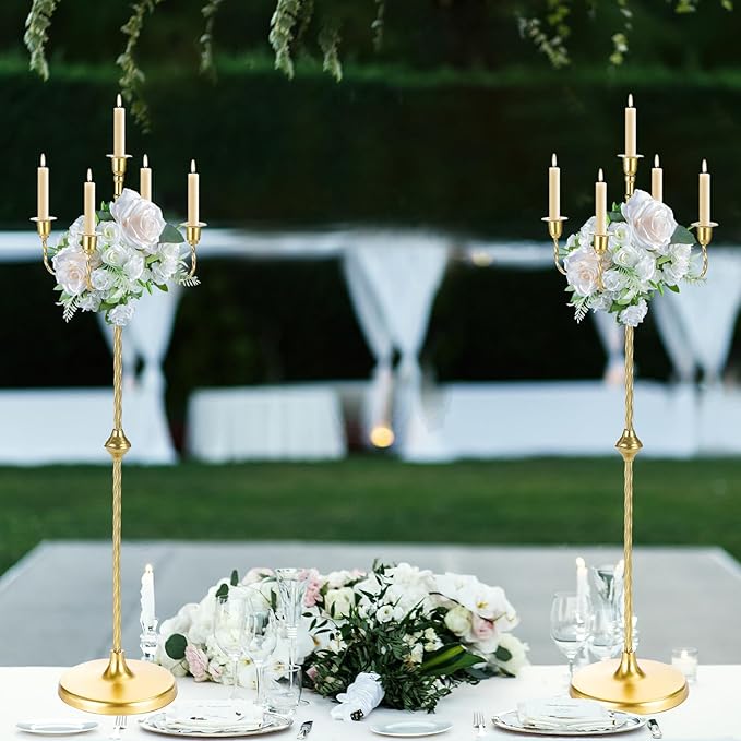 42.7 Inch Floor Candelabra Candle Holder Set of 2, 5 Arms Gold Candlestick Holders, Tall Candelabras Centerpiece for Taper Candles, Metal Standing Candlesticks for Wedding Birthday Party Home Decor