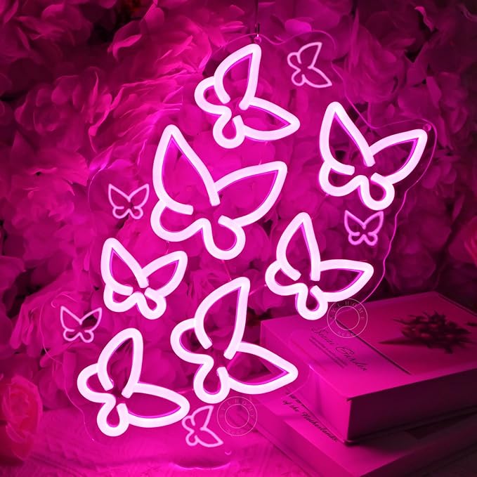 SYLHOME Pink Butterfly Led Neon Light Sign Bedroom Girls Room Kids Room Wall Sign Decor Cute Beauty Salon Birthday Christmas Party Decoration 15.75" X 10.1" USB