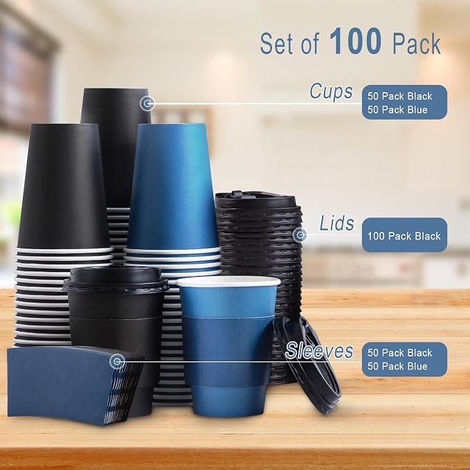 SIUQ 100 Pack 12 oz Coffee Cups with Lids, Disposable Hot Paper Coffee Cups | Black & Blue To Go Paper Cups with Lids and Sleeves for Thanksgiving, Party, Home, Shop, Office, Christmas, Travel and Events - Image 8