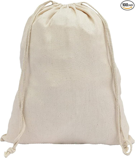 210 GSM Canvas Drawstring Bags (6x8 in 100pcs) for Laundry Basket storage, Laundry Bag, and Kitchen Storage for vegetables and fruits - Reusable and washable Home Storage by EcoGreenTextiles