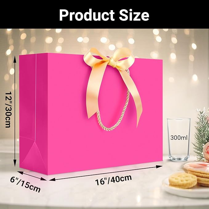 EUSOAR Hot Pink Gift Bags, 50pcs 16"x6"x12" Large Thank You Paper Gift Bags with Bow Ribbon Handles, Gift Wrap Shopping Treat Bags Bulk for Wedding Party Favor Grocery Baby Showers Birthday - Image 2