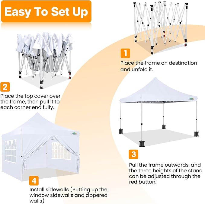 COBIZI 10x10 Pop Up Canopy with 4 Sidewalls, Canopy Tent 10x10 for Parties, Backyard, Commercial, Waterproof and Portable Instant Shelter UV50+ Outdoor Gazebo with 4 Sandbags(White)