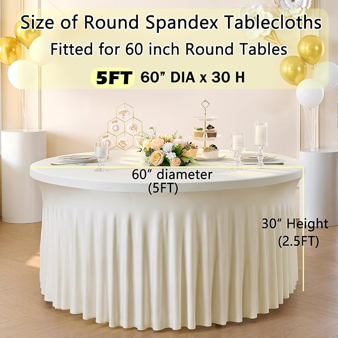 6 Pack Ivory Spandex Round Tablecloths for 60 inch Table, Wrinkle Free 120inch Stretchy Fitted 5FT Round Table Cloths Cover with Skirt for Wedding Party Dining Banquet - Image 6