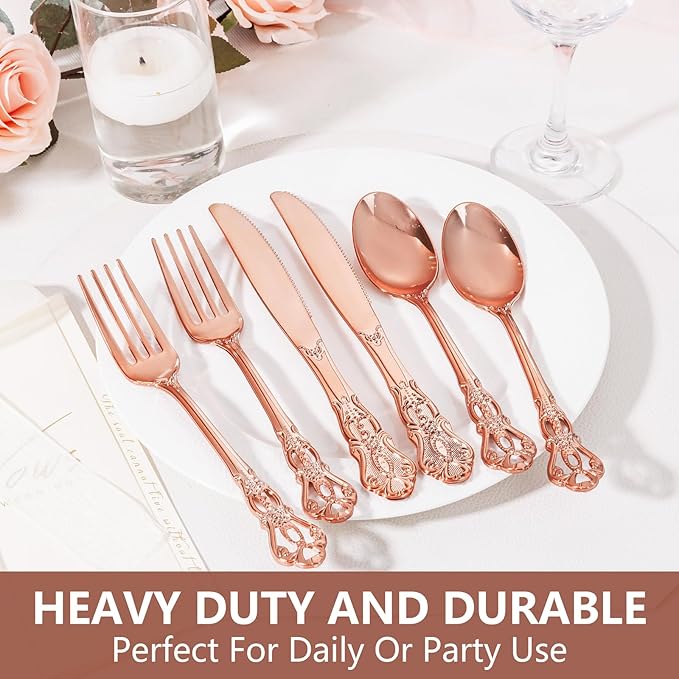300PCS Rose Gold Plastic Silverware - Heavy Duty Elegant Disposable Utensils - Vintage Rose Gold Cutlery Set Includes 100 Forks, 100 Spoons, 100 Knives for Dinner Parties Weddings
