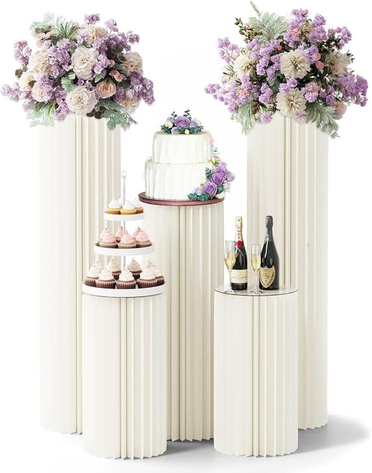 5 Pack Cylinder Stands for Party, Round Cake Pedestal Stands Foldable Buffet Food Risers White Cardboard Cylinder Stands with Acrylic Plates Centerpiece Cake Pedestal Stand for Birthday Wedding Table (5PCS-H44688) by Sunmig