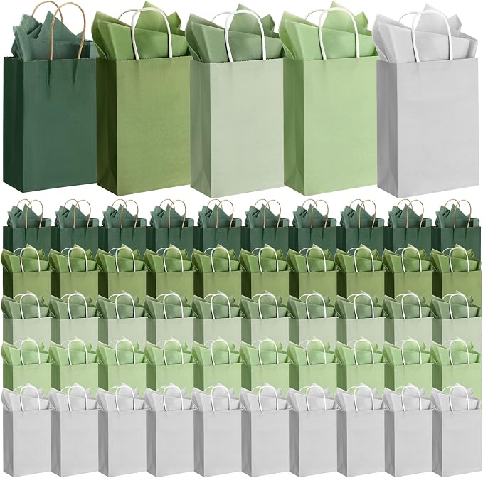 Kolldenn 50 Sets 100 Pcs Wedding Green Gift Bags Bulk with Tissue Paper Sage Green Paper Gift Bags with Handles for Wedding Guests Birthday Baby Shower Holiday Party, 8.27 x 5.91 x 3.15 by Unknown