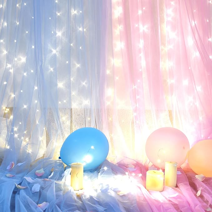 Pink and Blue Backdrop Curtains with Lights String for Baby Shower Sheer Tulle Backdrop Curtain for Gender Reveal Birthday Party Bridal Shower Photo Shoot Background Decorations 2 Panels 5×10ft - Image 5