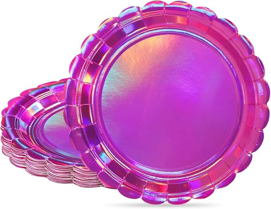NatNarr 30 Pk Iridescent Pink Plates 7" Halloween Dessert Cake Plates | Small Scalloped Iridescent Appetizer Hot Pink Plates for Kpop Birthday, Mermaid, Women Bachelorette, Oil-and Water-Resistant by NatNarr