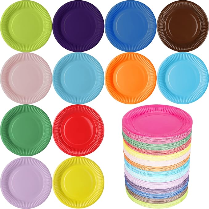 Tanlade 455 Pcs Colored Paper Plates 7 Inch Disposable Round Solid Color Dessert Paper Plates Bulk for Dinner Rainbow Party Weddings Birthday Supplies by Tanlade
