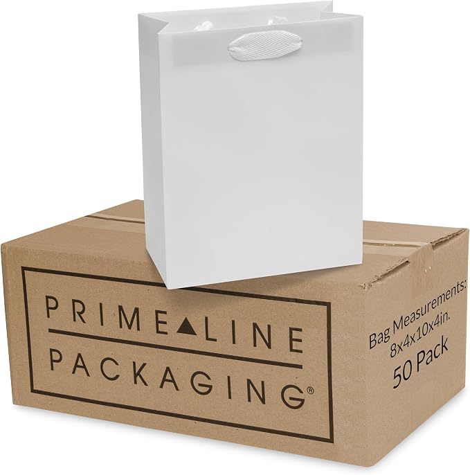 Prime Line Packaging Paper Gift Bags, Kraft Gift Bags Small with Handles, Shopping, Retail Use, Weddings, Welcome Gifts, Christening, Party Favors, Bulk, 8x4x10, 50 Pack by PrimeLinePackaging