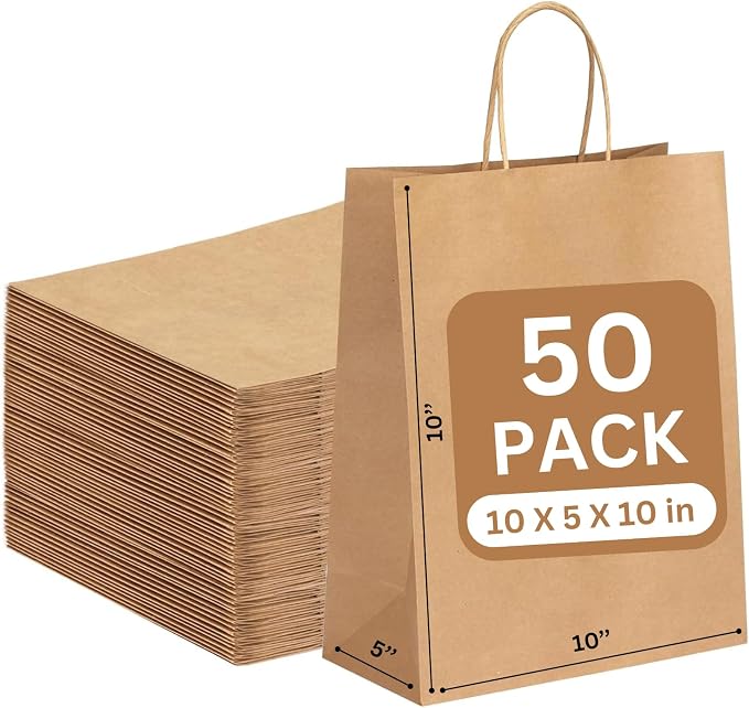 JET PAPER BAGS - 10”x5”x10” Inch [50 Pcs] Medium Brown Paper Bags with Handles Prime for Takeout, Grocery, Goody, Retail, Party, Gifts, Weddings - Recyclable Kraft Paper Gift Bags with Handles by JETPAPERBAGS