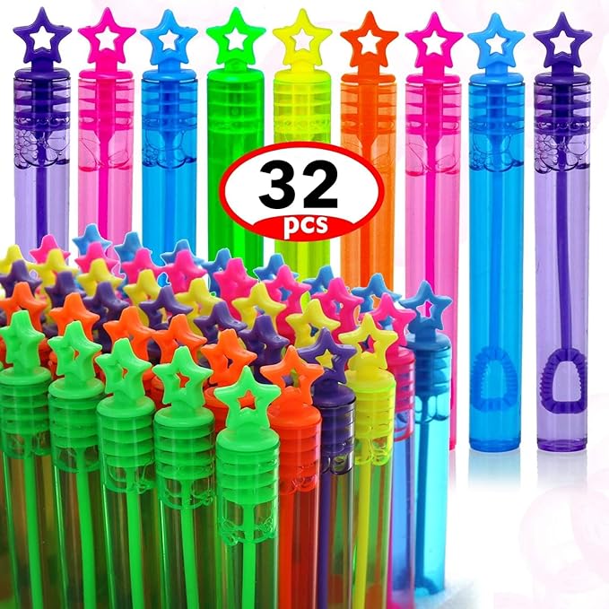 GIFTEXPRESS 32-Pack Star Bubble Wands, Assorted Colors Mini 4.25" Bubble Sticks with Non-Toxic Solution for Kids Party Favors, Birthday Goodie Bags