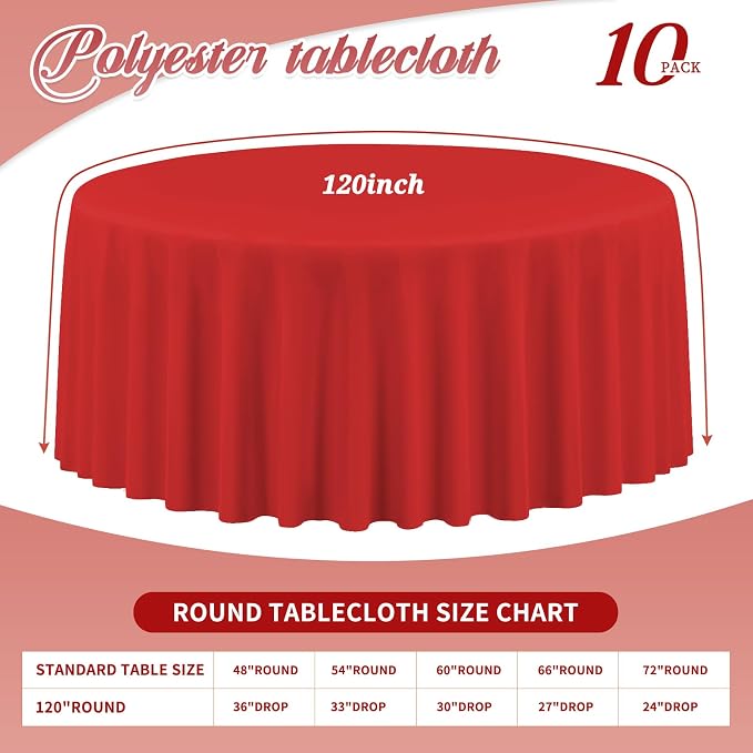 10 Packs Premium Round Tablecloth 120 Inch Red Polyester Table Cloth Bulk Washable Polyester Fabric Tablecloths Table Cover for Wedding Party Banquet Buffet Table Holiday Dinner (Red, 120 Inch) - Image 2