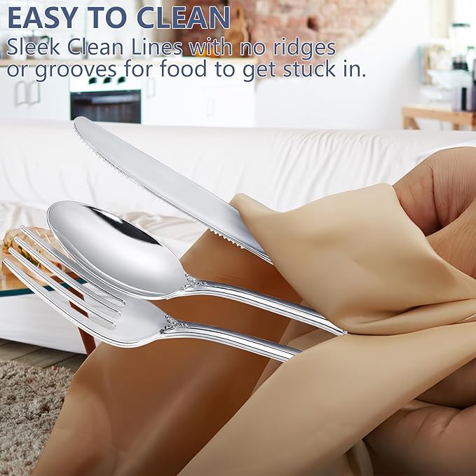 150PCS Silver Plastic Silverware - Heavy Duty Silver Disposable Cutlery - Fancy Plastic Utensils Flatware Include 50 Forks, 50 Spoons, 50 Knives for Catering, Parties, Dinners, Weddings