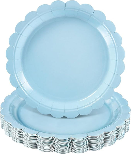 30 Pcs Light Blue Plates, Boy Baby Shower Decorations 9 Inch Scalloped Baby Blue Dessert Party Plate Cute Paper Plate for Easter Party, Birthday, Wedding, Bridal Shower