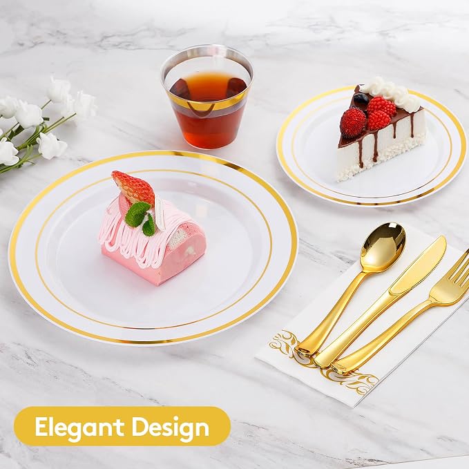 Goodluck 175 Pcs Gold Dinnerware Sets for 25 Guests, Disposable Plate Sets | Plastic Plates for Party, Include: 25 Dinner Plates, 25 Dessert Plates, 25 Paper Napkins, 25 Cups, 25 Gold Silverware Set - Image 3