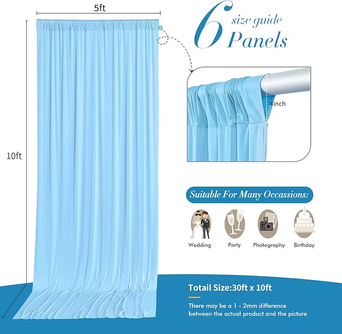 30 ft x 10 ft Wrinkle Free Baby Blue Backdrop Curtains for Parties, 6 Panels 5 ft x 10 ft Polyester Light Blue Photo Backdrop Drapes for Birthday Wedding Party Baby Shower Photography - Image 5