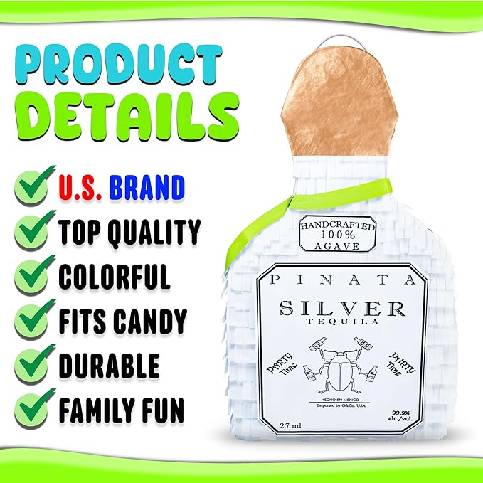 White Tequila Bottle Piñata with Stick - 17.5" x 10.5" x 3.5" Perfect for Party Decorations, Photo Prop, Birthday, Funny Anniversary, 21 birthday - Fits candy/favors