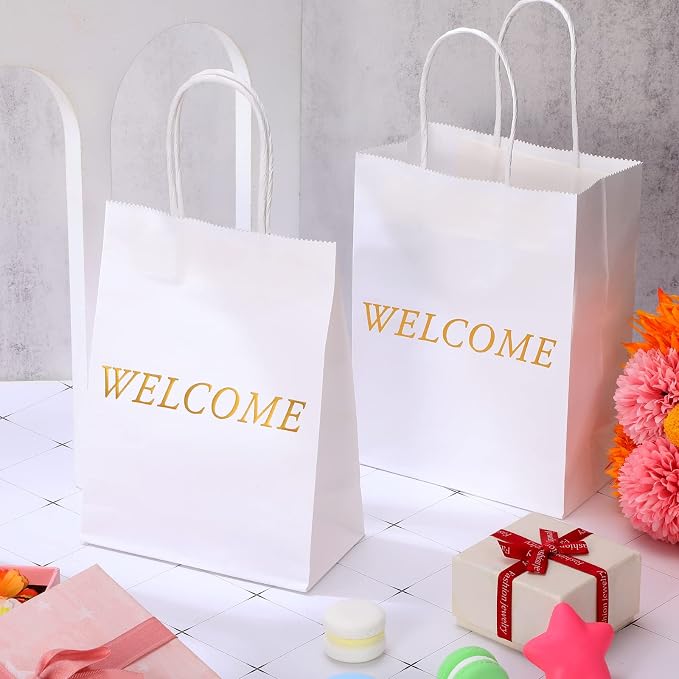 Jexine 100 Pcs Welcome Gift Bags Kraft Paper 5.9x3.1x8.1,White | for Wedding Favors, Church Visitors, Hotel Guest Kits, Retail Shopping, Event Giveaways,Sturdy Kraft Paper and Handles - Image 6