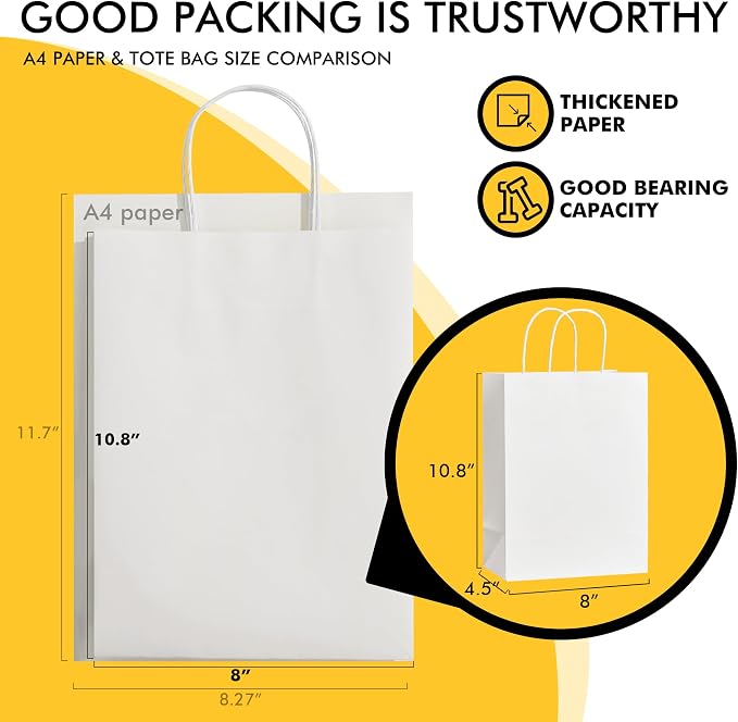 RACETOP White Gift Paper Bags 100 Pack 8x4.5x10.8 in Medium with Handles | Recycled Kraft Paper, Medium Size, Reinforced Handles, for Groceries, Retail, Party Favors, Takeouts, Eco-Friendly - Image 2