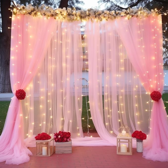 20ft x 8ft Pink Backdrop Curtain with Lights String for Parties, Sheer Tulle Wedding Photo Backdrops Drapes for Baby Shower Birthday Party Decorations Background for Photography - Image 6