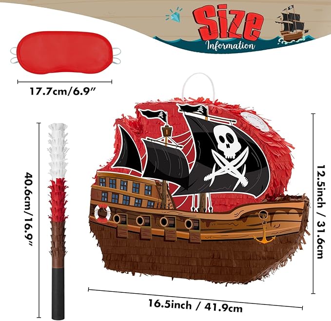 WERNNSAI Pirate Piñata - Pirate Ship Piñata with Blindfold and Bat for Boys Kids Caribbean Pirate Piñata Birthday Party Favors Decorations Family Games Pirate Party Supplies 16.4” x 12.4”