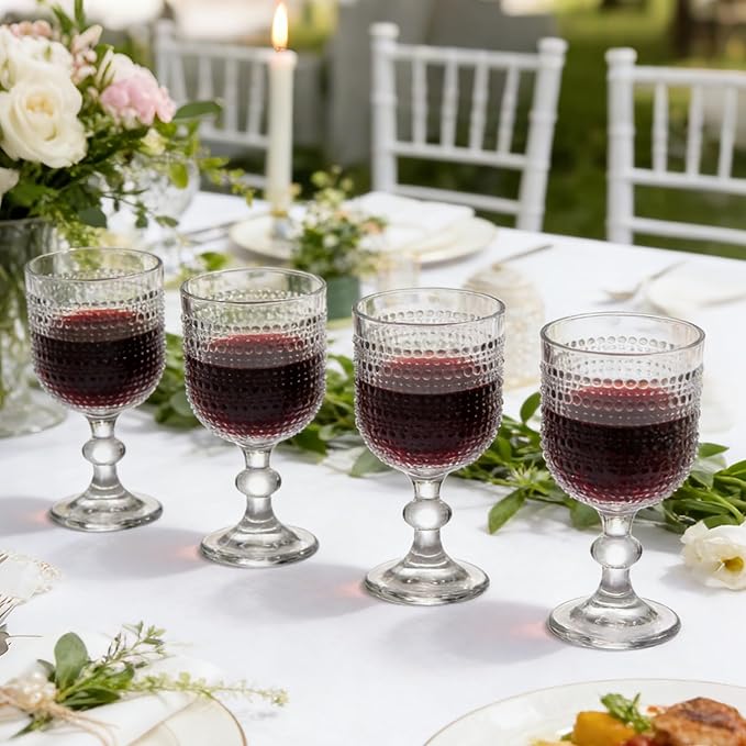 Clear Wine Glasses Set of 4, 12oz Vintage Goblet Glasses, Embossed Glass Cups Hobnail Glassware for Weddings, Dinners, and Holiday Gifting