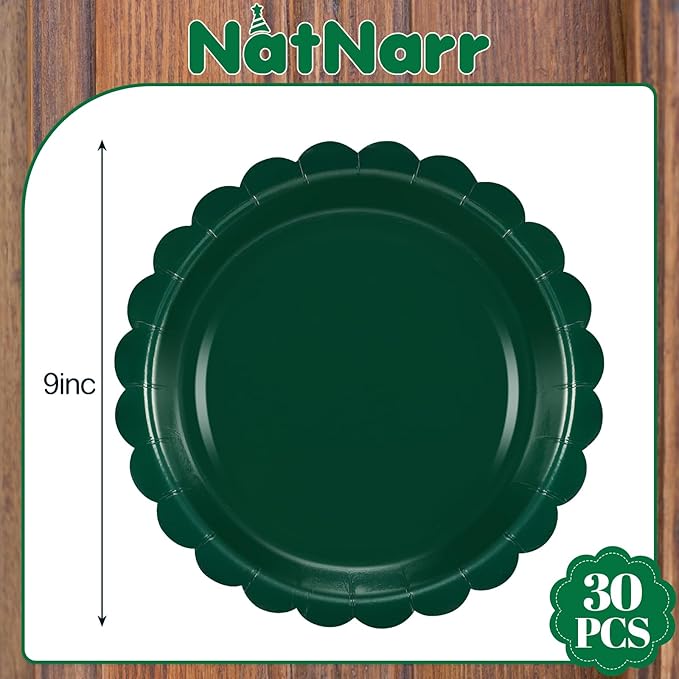 30 Pcs Dark Green Plates 9 Inch Scalloped Green Paper Plates Disposable Dessert Dinner Plate for Wedding, Master Party, Bridal Baby Shower