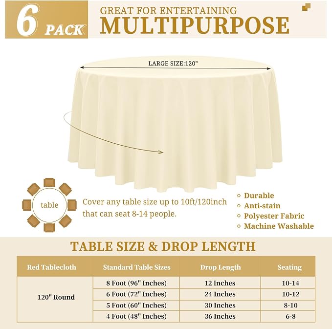 YMHPRIDE 6 Pack Beige Tablecloths - 120 Inch Polyester Round Table Covers, Washable Fabric for Wedding, Party, Dining, Banquet - Image 2