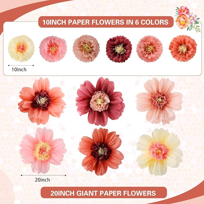 Crowye 12 Pcs Large Tissue Paper Flower Decor,20'' 31.5'',Vintage Color | Giant Craft Crepe Paper Flower, Colorful, for Wall Decorations Backdrop Mexican Wedding Birthday Carnival School Party - Image 2