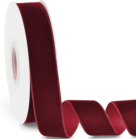 1" Wide Velvet Ribbon, 10 Yards - Burgundy Vine Red Velvet Ribbon on Spool for Crafts, Gift Wrapping, DIY, Hair Bows, Wedding Invitations, Parties, Valentine's Day, and Christmas