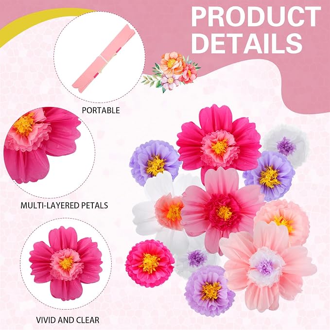 Crowye 12 Pcs Large Tissue Paper Flower Decor,10'' 20'',Bright Color | Giant Craft Crepe Paper Flower, Colorful, for Wall Decorations Backdrop Mexican Wedding Birthday Carnival School Party - Image 5