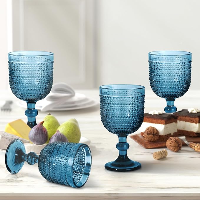 12 oz Blue Vintage Wine Glasses,Hobnail Drinking Glasses Set of 4,Embossed Goblet Glasses for Wedding,Party, Dinner,Bar