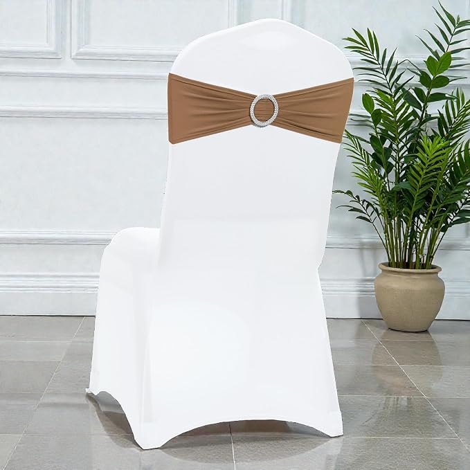 VDS - Mocha | Spandex Chair Sashes Bows | 75 PCS | Stretch Elastic Banquet Universal Folding Chair Band Tie with Silver Buckle Slider for Wedding Party Conference Celebration Event Decoration - Image 5