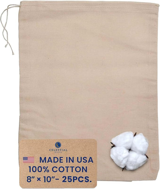 Celestial Gifts 8x10 Cotton Muslin Bags with Drawstring, 25 Pcs Bulk | Large Drawstring Gift Bags for Party Favor & DIY Craft, 100% Cotton, Made in USA, with Natural Hem & Drawstring Cord by CelestialGifts