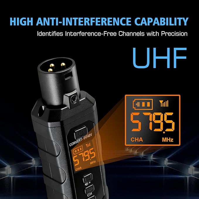 Wireless XLR Transmitter and Receiver UHF Wireless Microphone Adapter for 164FT Range 8-Hours Battery Wireless Mic Adapter For Condenser, Dynamic Mics, PA System,Mixer.