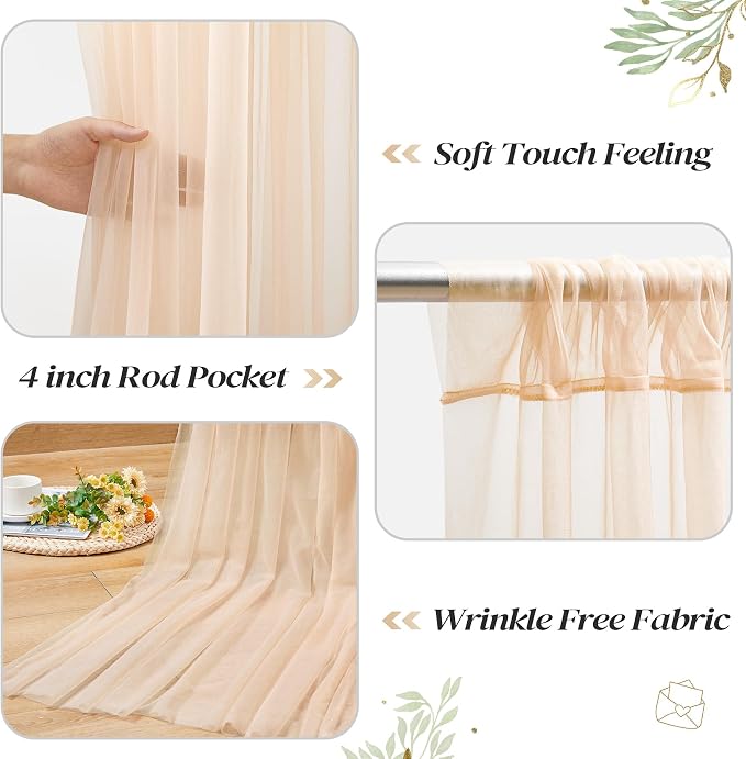 10ft x 8ft Champagne Backdrop Curtain with Lights String for Parties, Sheer Tulle Wedding Photo Backdrops Drapes for Baby Shower Birthday Party Decorations Background for Photography - Image 4