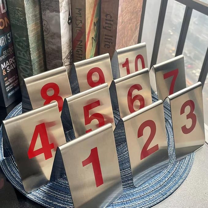 Metal Place Cards Stackable Tent Style Table Numbers,Place Card Holders for TRPG Wedding Party Restaurants Cafes Bars Gatherings Meeting Room Board Games (Red, Large 1-10) - Image 3